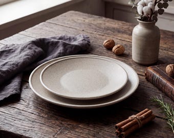 Japanese Wabi Sabi Ceramic Plate 8.3 / 10.3 Inch | Unglazed Raw Clay Dinner Plate | Rustic Stoneware Serving Plate
