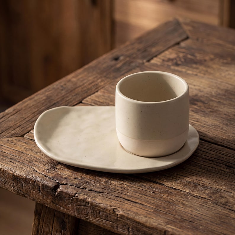 Minimalist handmade ceramic cup and oval saucer set on rustic wooden table, speckled stoneware finish