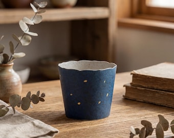 Indigo Glazed Gold Fleck Ceramic Cup 220ml | Japanese Irregular Rim Tea Cup | Handmade Coffee Mug | Rustic Pottery Cup
