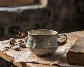 Vintage Kiln-Changed Blue Ceramic Coffee Cup 230ml | Wabi Sabi Handmade Stoneware Mug  | Rustic Japanese Style Tea Cup with Rope Handle