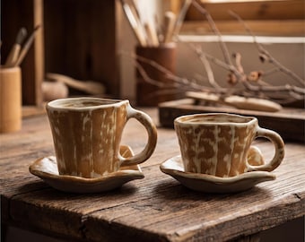 120ml/150ml Wabi Sabi Ceramic Cup and Saucer Set | Japanese Stoneware Coffee Cup | Rustic Lotus Style Mug | Handmade Style Espresso Cup Set