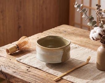 Japanese Rustic Bamboo-Shaped Ceramic Matcha Bowl 400ml | Wabi Sabi Stoneware Tea Bowl | Sand Beige Chawan | Japanese Tea Cup