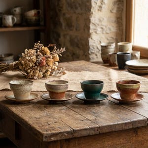 Może przedstawiać: Cztery ręcznie robione ceramiczne filiżanki do herbaty i spodki w różnych kolorach ziemi stoją na rustykalnym drewnianym stole. Kubki są beżowe, brązowe i morskie, z pasującymi spodkami. Bukiet suszonych kwiatów i inne ceramiczne elementy znajdują się w tle.