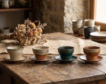 Rustic Ceramic Cup Set | 150ML Vintage Pottery Coffee Cup | Earth Brown, Sandy Cream, Forest Green, Rust Amber | Artisan Stoneware