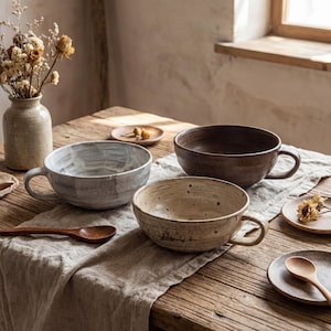 Puede incluir: Tres cuencos de cerámica para sopa con asas en tonos grises, marrones y beige sobre una mesa de madera. Un jarrón con flores secas y pequeños platos de madera también están sobre la mesa. Los cuencos tienen un aspecto rústico y artesanal.