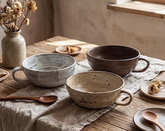 Japanese Rustic Ceramic Breakfast Bowl 350ml | Wabi Sabi Stoneware Handled Bowl | Handmade Soup Oatmeal Salad Bowl | 3 Colors