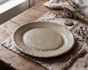 Rustic Handmade Oval Ceramic Plate 8.7 Inch | Wabi Sabi Stoneware Serving Dish | Japanese Vintage Style Shallow Dessert Appetizer Plate