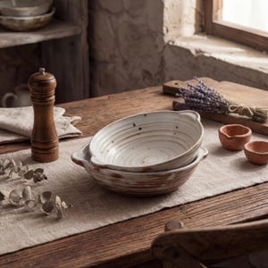 Wabi Sabi plaat met dubbele handgreep 7,5 inch | Japanse rustieke keramische serveerschaal | Handgemaakt pastabord van aardewerk | Vintage geribbeld diep bord