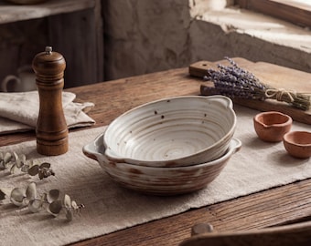 Wabi Sabi Double Handle Plate 7.5 Inch | Japanese Rustic Ceramic Serving Dish | Handmade Stoneware Pasta Plate | Vintage ribbed Deep Plate