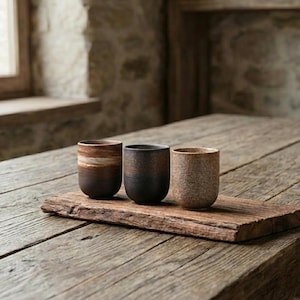 Puede incluir: Tres tazas de cerámica hechas a mano en tonos marrón, negro y beige se colocan sobre una tabla de servir de madera rústica. Las tazas tienen un aspecto texturizado y orgánico, lo que sugiere una estética natural. El conjunto está sobre una mesa de madera envejecida.