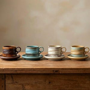 May include: Four ceramic coffee cups and saucers with a rustic, handcrafted appearance. Each cup has a unique colour scheme, including brown, blue, cream, and tan, with visible brushstrokes. The cups sit on a wooden surface.