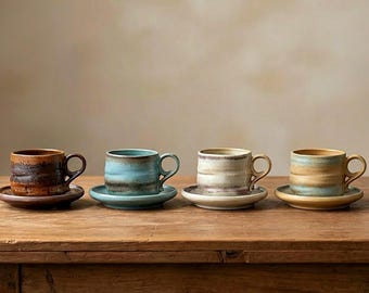 Nordic Ceramic Coffee Cup and Saucer Set 220ml  | Stoneware Latte Cup | Wabi-Sabi Rustic Glaze | 4 Colors | Gift for Coffee Lover