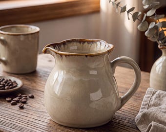 Japanese Wabi Sabi Ceramic Milk Jug 350ml | Vintage Scalloped Creamer Pitcher | Rustic Coffee Milk Jug | Ceramic Sauce Jug