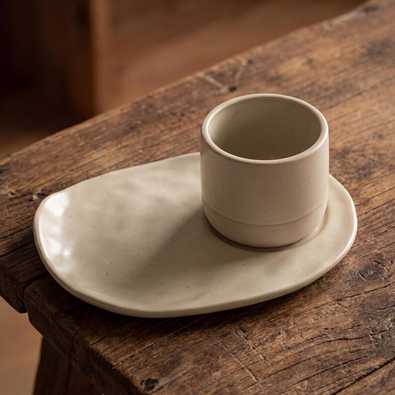 Minimalist handmade ceramic cup and oval saucer set on rustic wooden table, speckled stoneware finish