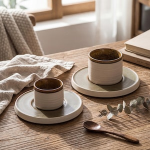 Ensemble tasse et soucoupe en céramique Wabi Sabi 120 ml/250 ml | tasse à café rustique japonaise en grès | Tasse à thé en poterie | Nom personnalisé disponible
