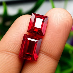 May include: Two rectangular, faceted, deep red gemstones. The gems have a bright, reflective surface and a clear, rectangular center. The gems are held against a skin-toned background, with green foliage visible in the background.