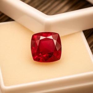 Puede incluir: Un vibrante rubí tallado en cojín. La piedra de color rojo intenso se presenta en una vitrina blanca sobre un fondo de madera cálida. Las facetas del rubí capturan la luz, creando un efecto brillante. Esta gema es un bello ejemplo de joyería fina.