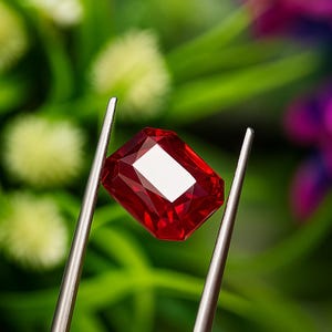 May include: A radiant, rectangular-cut ruby gemstone held by silver tweezers. The ruby is a deep red colour with a bright, reflective surface. The background features blurred green foliage and purple flowers.