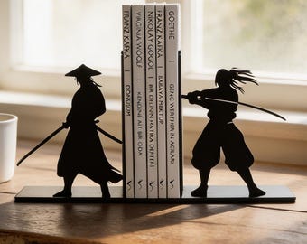 Samurai Duel Metal Bookends | Japanese Anime Decor | Black Iron Book Organizer | Ninja Warrior Shelf Decor | Book Lover Gift