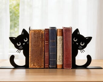 Black Cat Metal Bookends | Cute Desk Organizer | Whimsical Home Decor | Book Storage for Cat Lovers | Modern Shelf Decor for Study & Office