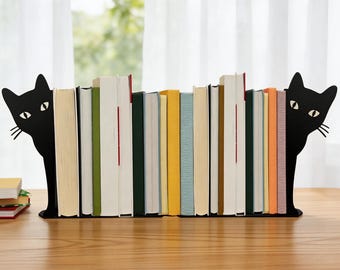 Black Cat Bookends | Cute Metal Book Organizer | Whimsical Desk Decor | Cat Lover Home Decor | Modern Tabletop Book Storage for Study Room