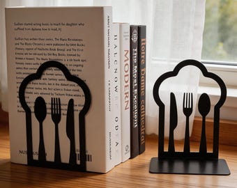 Kitchen Utensil Bookends | Black Metal Cutlery Book Ends | Farmhouse Kitchen Decor | Desk Organizer for Cookbook | Gift for Chef Mom