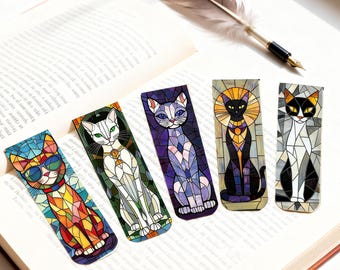 Marcador de Página Magnético Elegante com Gato | Marcador de Página de Gatinho em Estilo Vitral | Presente Estético e Fofo para Amantes de Gatos e Fãs de Livros