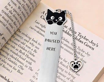 Cute Cat Stainless Steel Bookmark | “You Pawsed Here” Engraved Cat Lover Gift | Metal Page Marker with Charm | Perfect for Readers Students