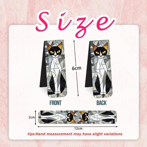 May include: Two cat-themed magnetic bookmarks, front and back views, and a flat view. The bookmarks are 6 cm tall and 2 cm wide, with a 12 cm long flat piece. The cat design is black, white, and gray, with yellow eyes.