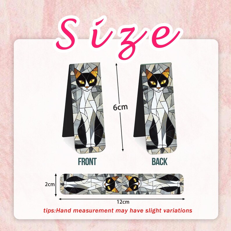 May include: Two cat-themed magnetic bookmarks, front and back views, and a flat view. The bookmarks are 6 cm tall and 2 cm wide, with a 12 cm long flat piece. The cat design is black, white, and gray, with yellow eyes.