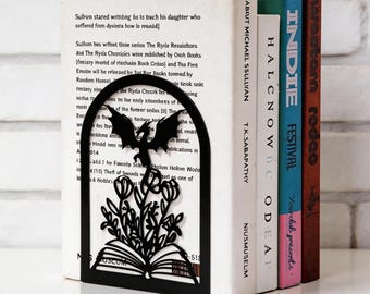 Fourth Wing Dragon Bookends | Castle Cutout Metal Book Holders | Fantasy Desk Organizer | Gothic Home Decor | Gift for Book Lovers