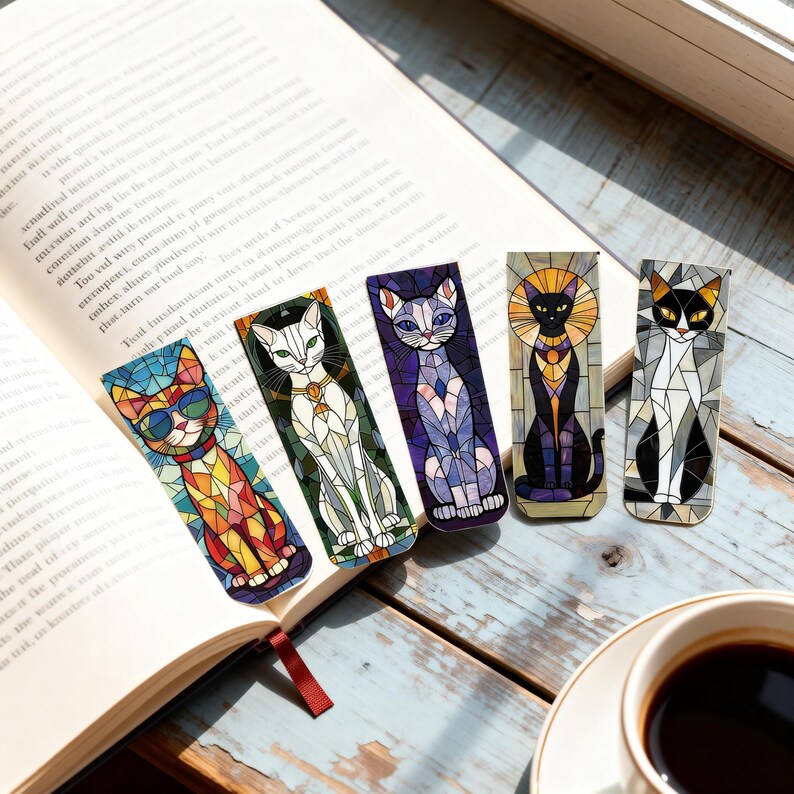 May include: A collection of five colorful cat-themed bookmarks with stained glass designs. Each bookmark features a different cat illustration with unique color palettes and patterns. The bookmarks are displayed on an open book.