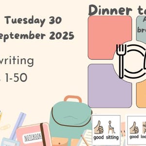Puede incluir: Un gráfico educativo colorido con el texto "Cena hoy: Desayuno todo el día, Pasta". También incluye "Practica escribir números 1-50" y la fecha "Martes 30 de septiembre de 2025". La imagen tiene una manzana de dibujos animados y una mochila.