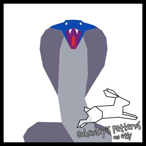 May include: A digital illustration of a cobra with its hood raised, facing a white rabbit running away. The cobra is blue and gray, with a red tongue. The text "Schenley's Patterns on etsy" is below the rabbit.