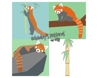 Set of 3 Red Panda paper-piecing quilt patterns, PDF