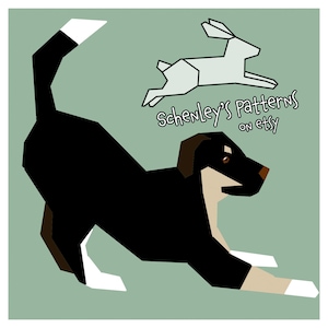 May include: A black and white dog with brown ears is lying down with its legs stretched out. A white rabbit is jumping in the air above the dog. The text "Schwenley's Patterns on etsy" is written in black letters on a white background.