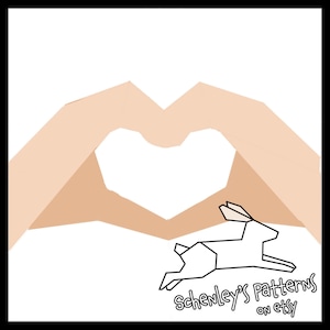 May include: A pair of hands forming a heart shape with a white origami bunny jumping out of the heart. The text below reads "Schwenley's Patterns on etsy."