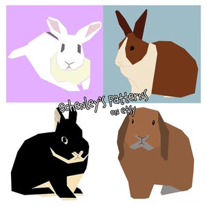May include: Four different colored rabbits in a geometric style. The rabbits are white, brown and white, black and white, and brown. The rabbits are all sitting on a white background.
