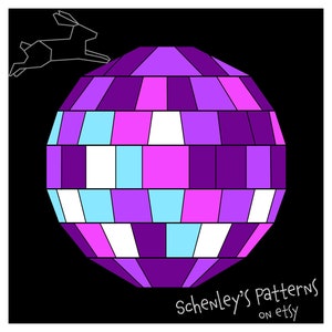 May include: A purple, pink, and white disco ball with a white silhouette of a rabbit jumping in front of it. The text "Schlenley's Patterns on etsy" is at the bottom of the image.