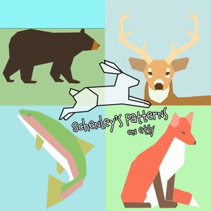 Può includere: Un'illustrazione digitale di un orso nero, un coniglio bianco, un cervo con le corna, un salmone e una volpe rossa. L'illustrazione è in stile geometrico. Il testo "Schenley's Patterns on Etsy" è al centro dell'immagine.