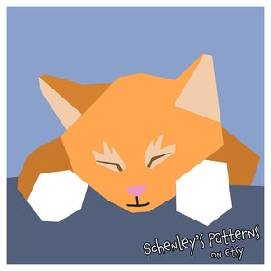 Pode incluir: Uma ilustração digital de um gato laranja com os olhos fechados, dormindo em uma superfície azul. As patas do gato estão enfiadas debaixo do queixo. O texto "Schenley's Patterns on etsy" está na parte inferior da imagem.