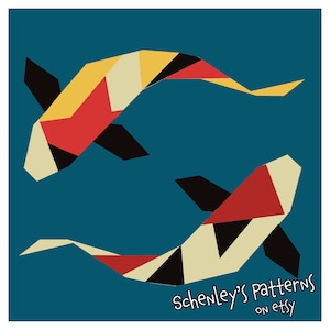 May include: Two origami koi fish in a blue background. The fish are made of red, yellow, black, and white paper. The fish are swimming in a circle. The text "Schnley's Patterns on Etsy" is at the bottom of the image.