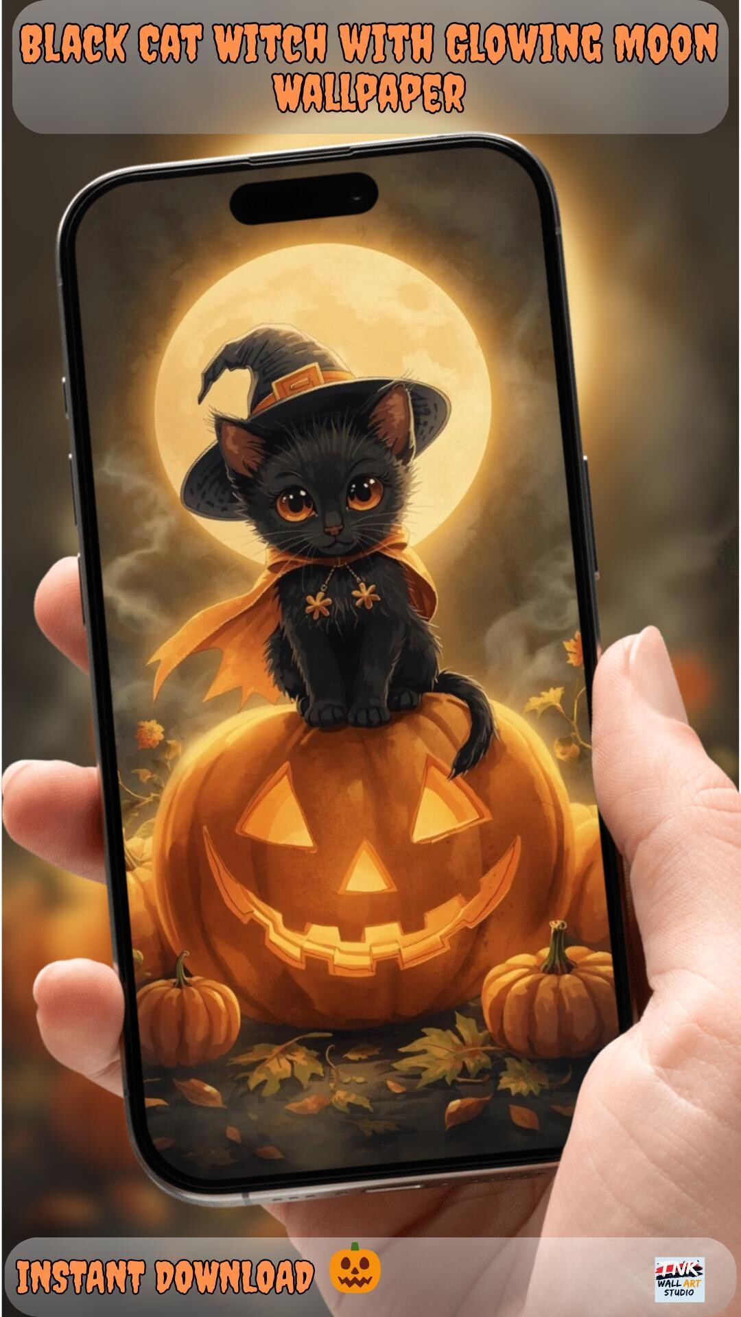 Halloween Witch Cat Moon Wallpaper iPhone Android | Cute Black Cat on