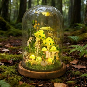 Puede incluir: Una campana de cristal con base de madera alberga una escena de setas iluminadas en miniatura. Las setas son amarillas con lunares verdes, rodeadas de vegetación y pequeñas luces. La escena está ambientada sobre un suelo forestal.