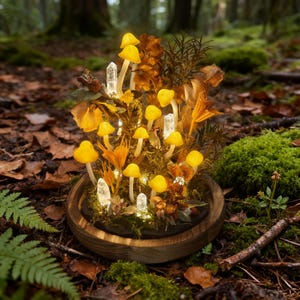 May include: A decorative terrarium featuring glowing yellow mushrooms, clear quartz crystals, and dried foliage. The arrangement is set in a wooden bowl, creating a whimsical forest scene. The terrarium is illuminated with small lights, enhancing the magical aesthetic.