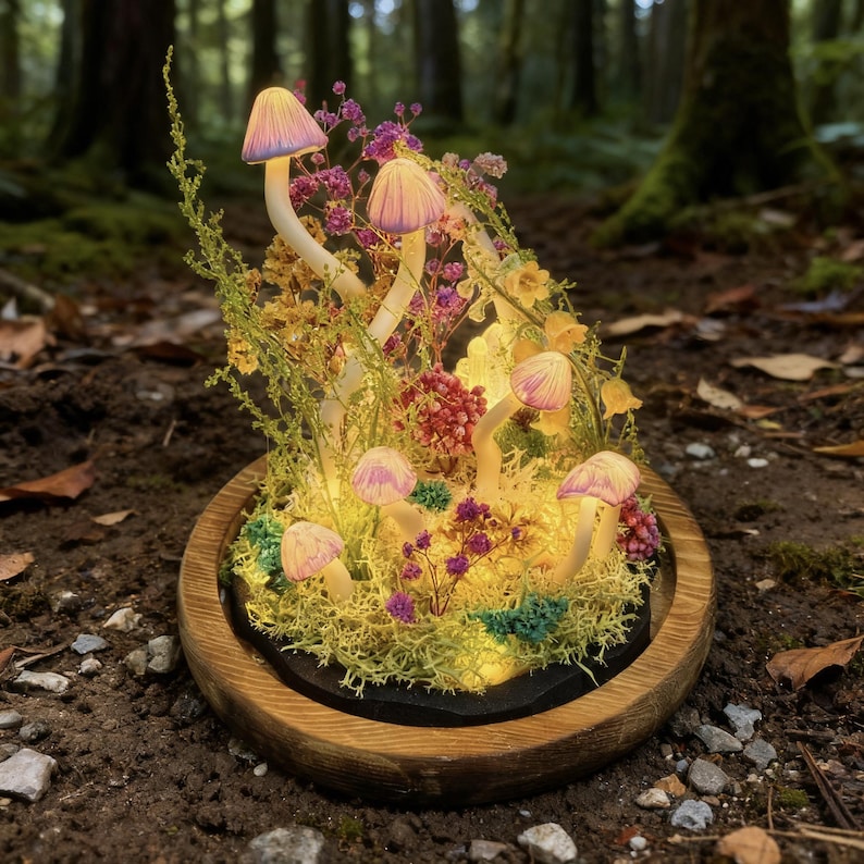 Pu&ograve; includere: Un terrario decorativo con funghi illuminati con cappelli rosa e fiori secchi colorati. I funghi brillano all'interno di un letto di muschio verde, racchiusi in una cupola di vetro con bordo in legno. Lo sfondo &egrave; una foresta.