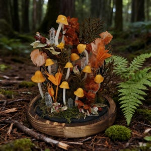 May include: A decorative terrarium featuring miniature yellow mushrooms with white stems, set among dried orange foliage, clear crystals, and green moss. The arrangement is housed in a wooden-rimmed, glass-domed container, creating a whimsical forest scene.