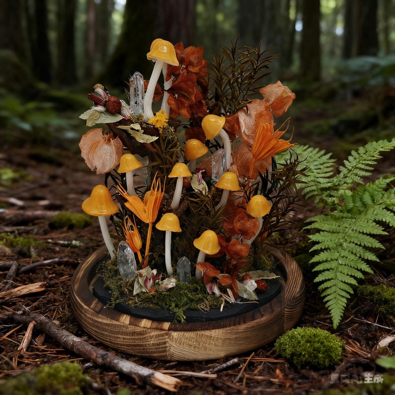 May include: A decorative terrarium featuring miniature yellow mushrooms with white stems, set among dried orange foliage, clear crystals, and green moss. The arrangement is housed in a wooden-rimmed, glass-domed container, creating a whimsical forest scene.