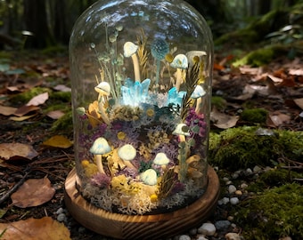 Handmade Blue Mushroom Lamp With Crystal, Enchanted Mushroom Night Light, Natural Home Decor, Unique Birthday Gifts, Housewarming Gifts