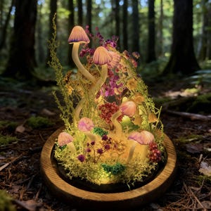 Pu&ograve; includere: Un terrario di funghi stravagante con funghi luminosi con cappucci rosa e delicati fiori viola. I funghi sono ambientati in un letto di muschio verde e fogliame secco, il tutto all'interno di una cupola di vetro con bordo in legno. La scena &egrave; illuminata da una luce soffusa e calda.